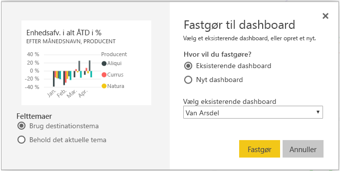 Skærmbillede af dialogboksen Fastgør til dashboard.