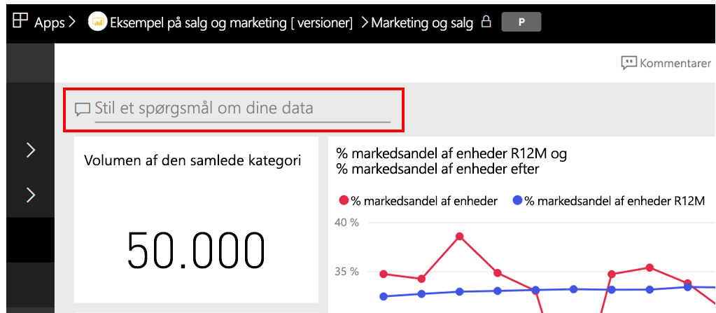 Skærmbillede af feltet Spørgsmål og svar, der viser Stil et spørgsmål om dine data.