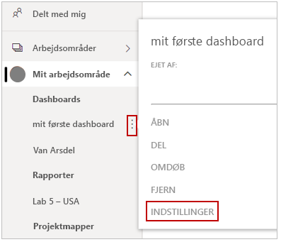 Skærmbillede af indstillingen 'Mine arbejdsområder', 'Indstillinger'.