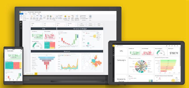 Diagram, der vises Power BI på en computer, tablet og telefon.