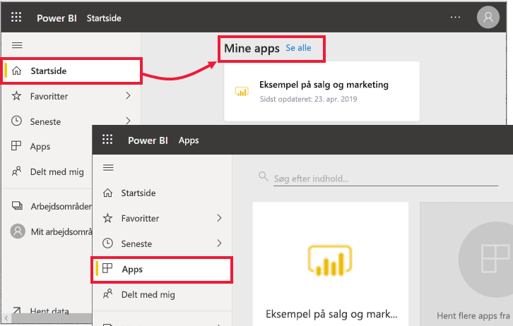 Skærmbillede af Power BI ikonet Apps på navigationslinjen.