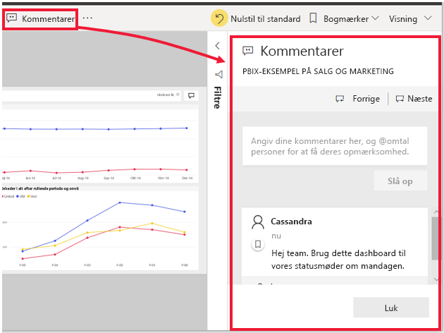 Skærmbillede af et eksempel på et delt dashboard med en kommentar.