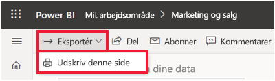 Skærmbillede af Power BI menuen Filer udvidet og Udskriv denne side fremhævet.