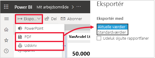 Skærmbillede af Power BI menuen Eksporter udvidet og PDF-indstillingen fremhævet.