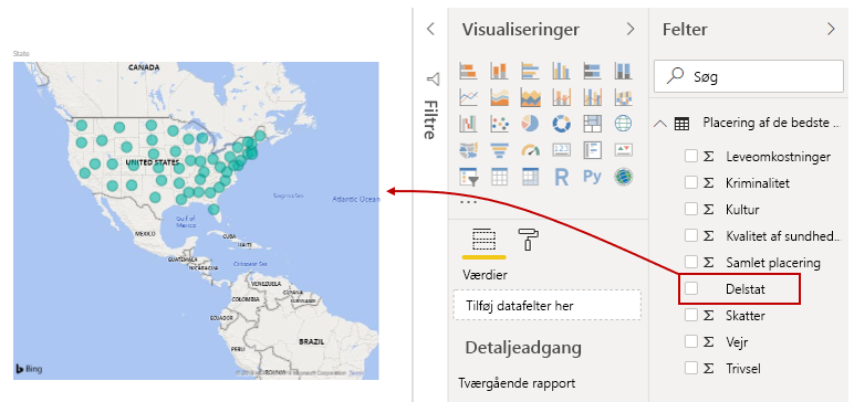 Træk et felt til lærredet i rapportvisningen for at oprette en visualisering.