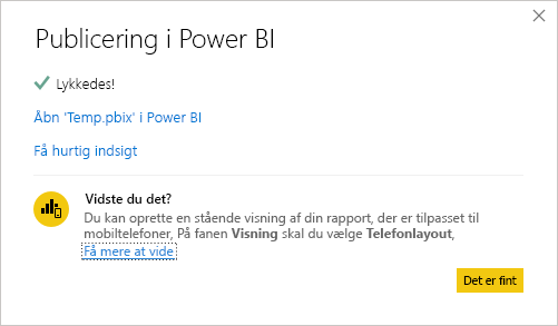 Skærmbillede af meddelelsen Udgivelse Power BI til fuldført.