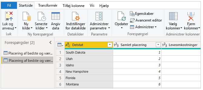 Skærmbillede af tabeldata i redigeringstilstand.