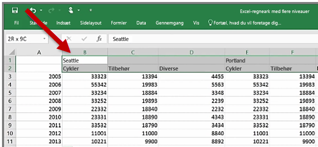 Excel-regneark med overskrifter, der spænder over flere kolonner.