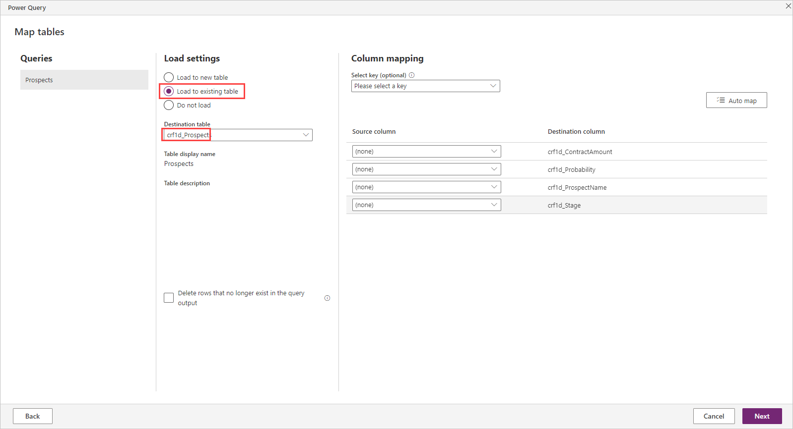 Screenshot of Power Query window showing load settings and column mapping with load to existing table.