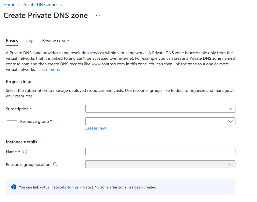 Skærmbillede af siden Opret privat DNS-zone.