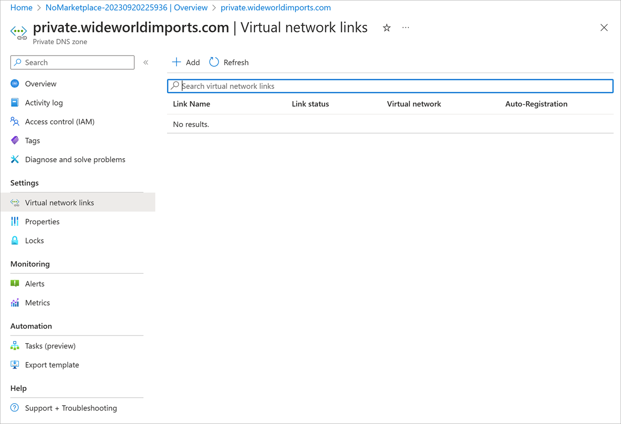 Skærmbillede af siden Virtuelle netværkslinks i en privat DNS-zone.