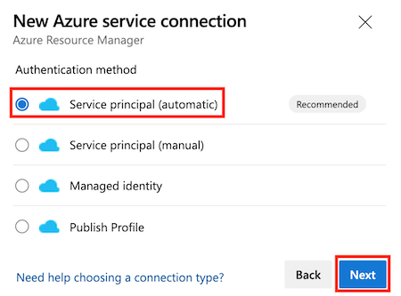 Skærmbillede af Azure DevOps, der viser ruden Ny Azure-tjenesteforbindelse, hvor indstillingen Tjenesteprincipal (automatisk) er fremhævet.