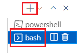 Skærmbillede af terminalvinduet i Visual Studio Code, hvor bash-terminalen og plustegnet er valgt.