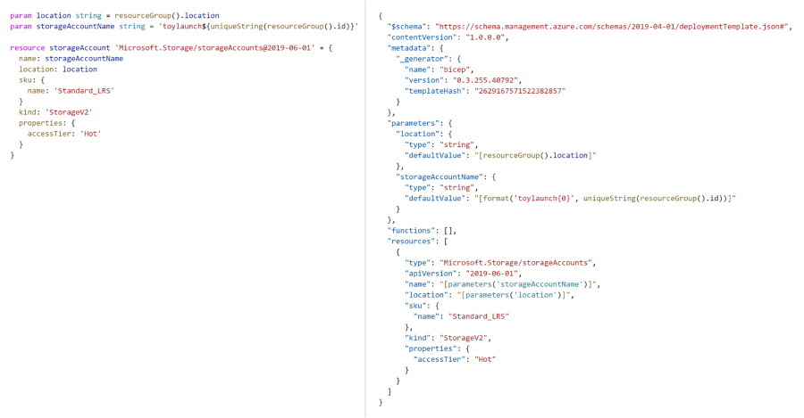 Skærmbillede, der sammenligner Bicep-kode i venstre side af skærmen og den tilsvarende JSON-kode i højre side af skærmen.