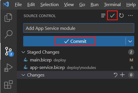 Skærmbillede af Visual Studio Code, der viser Kildekontrol, hvor bekræftelsesikonet er fremhævet.