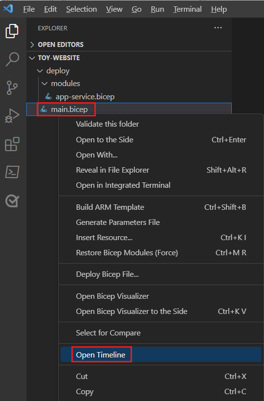 Skærmbillede af Visual Studio Code, der viser panelet Stifinder, hvor genvejsmenuen vises for filen main.bicep og menupunktet Tidslinje fremhævet.