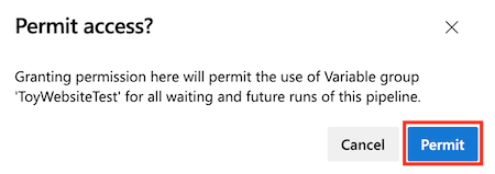 Skærmbillede af Azure DevOps, der viser grænsefladen til bekræftelse af tilladelser. Knappen Tillad er fremhævet.