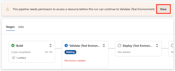 Skærmbillede af Azure DevOps, der viser, at pipelinekørslen er midlertidigt afbrudt i valideringsfasen. Der kræves tilladelse for at fortsætte. Knappen Vis er fremhævet.