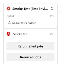 Skærmbillede af Azure DevOps, der viser fasen Røgtest for pipelinekørslen for testmiljøet. Status viser, at fasen mislykkedes.