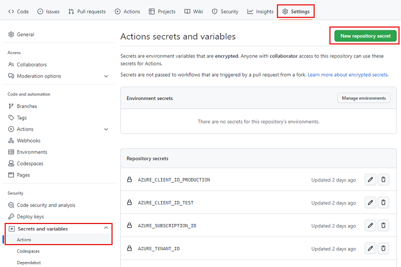 Screenshot of GitHub that shows the Secrets menu item under the Settings category.