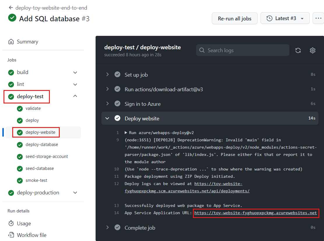 Screenshot of GitHub Actions showing the workflow log for the test environment's deploy-website job. The App Service app URL is highlighted.