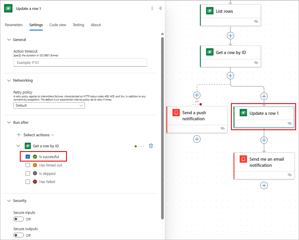 Screenshot showing the parallel branch with run after.