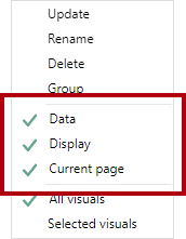 Billede, der viser genvejsmenuen for bogmærket, hvor Data, Visning og Aktuel side er aktiveret.