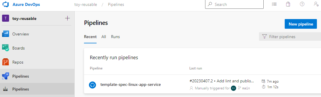 Skærmbillede af Azure Pipelines, der viser menupunktet Pipelines.