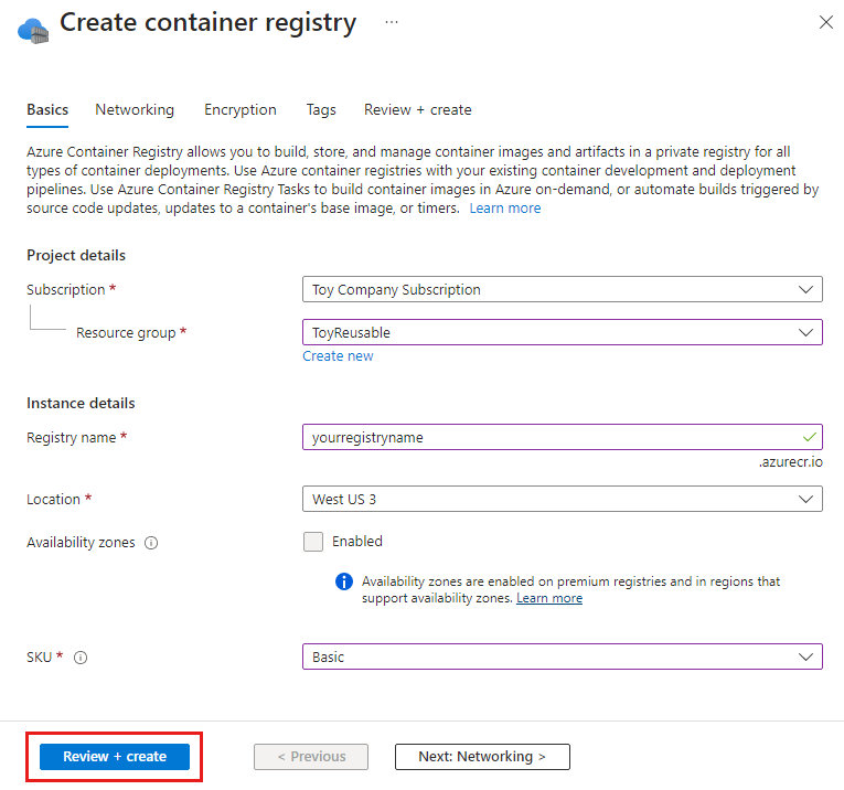 Skærmbillede af Azure Portal, der viser siden til oprettelse af objektbeholder i registreringsdatabasen.