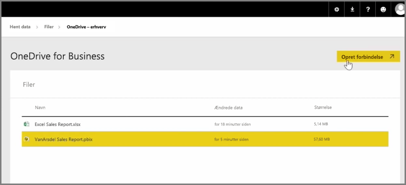 Skærmbillede af OneDrive for Business, der vælger en PBIX-fil.