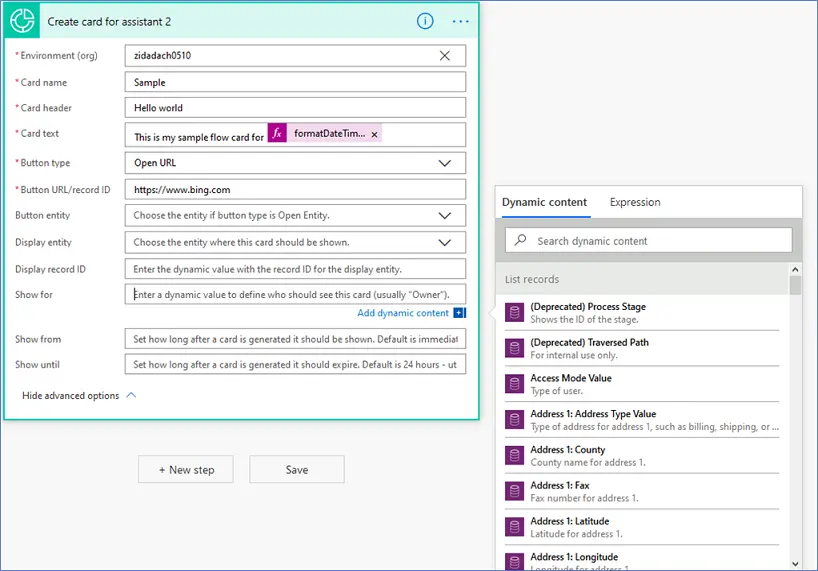 Show for column selected and Dynamic content dialog showing list records.