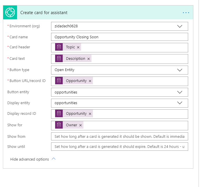 Create card for assitant details show all required columns and several advanced options set.