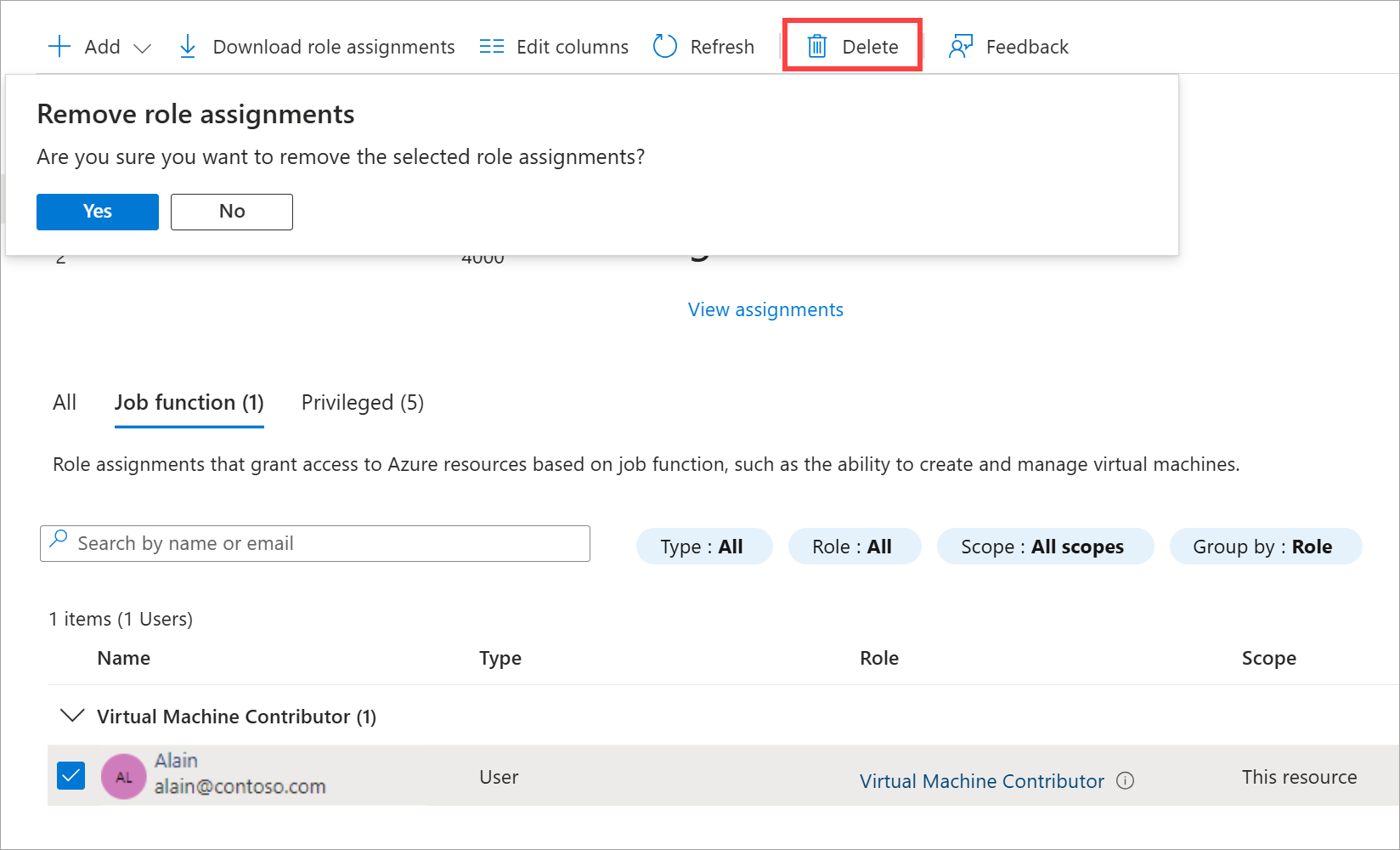 Screenshot that shows the Remove role assignment message.