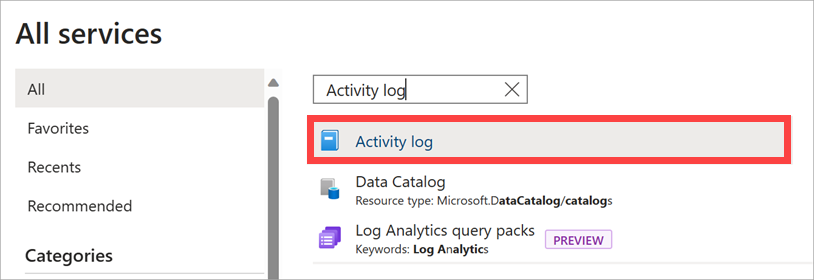 Screenshot of the Azure portal showing the location of Activity logs option.