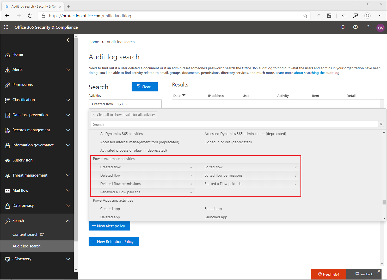 Screenshot of Office 365 Security & Compliance Audit log search showing the Power Automate activities.