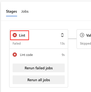 Skærmbillede af en pipeline, der kører i Azure DevOps, hvor navnet på fasen Lint er fremhævet.