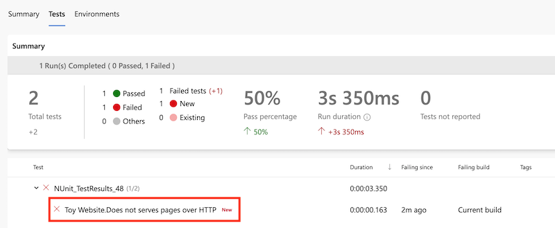 Skærmbillede af Azure DevOps-grænsefladen, der viser testresultaterne for pipelinekørslen, hvor den mislykkede test er fremhævet.