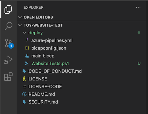 Skærmbillede af Visual Studio Code Explorer, hvor installationsmappen og testfilen vises.