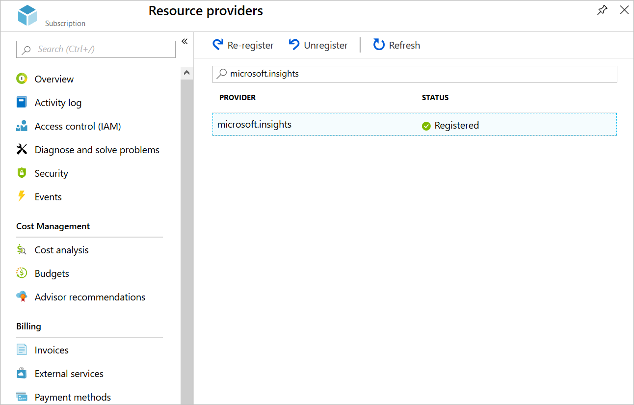 Screenshot showing the registered Microsoft.Insights provider.