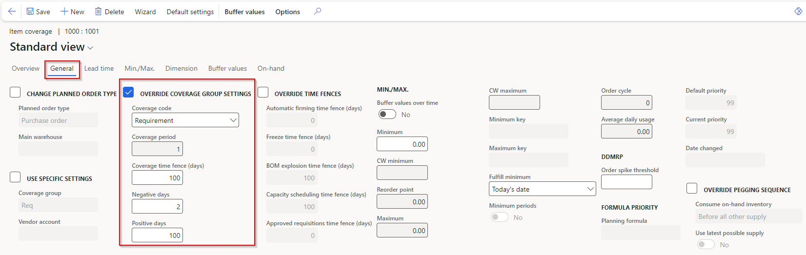 Screenshot of the Override coverage groups settings page.