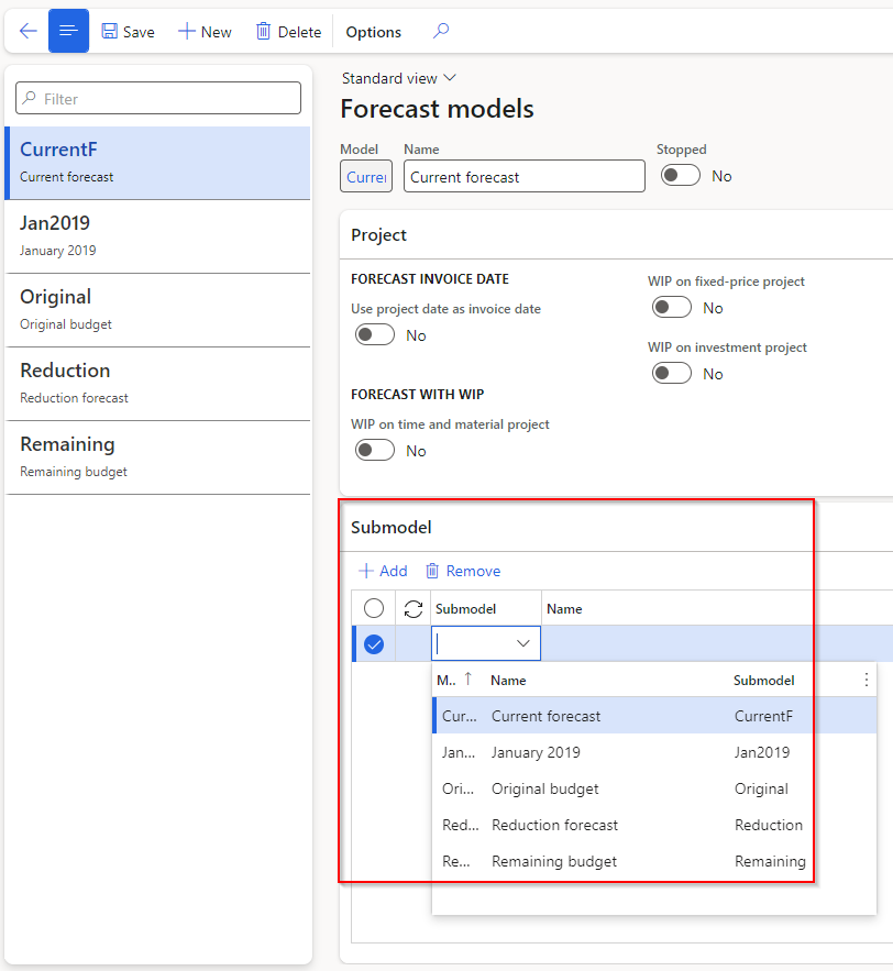 Screenshot of submodels in the Forecast models page.