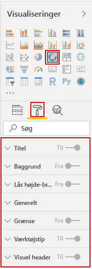 Billede af en visuel knap i ruden Visualiseringer og dens formateringsindstillinger.