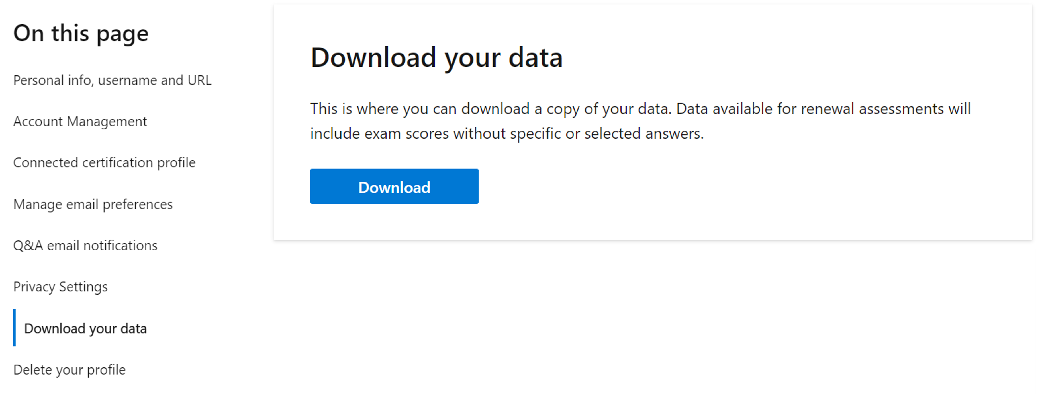 Skærmbillede af afsnittet Download dine data i profilindstillingerne for Microsoft Learn.