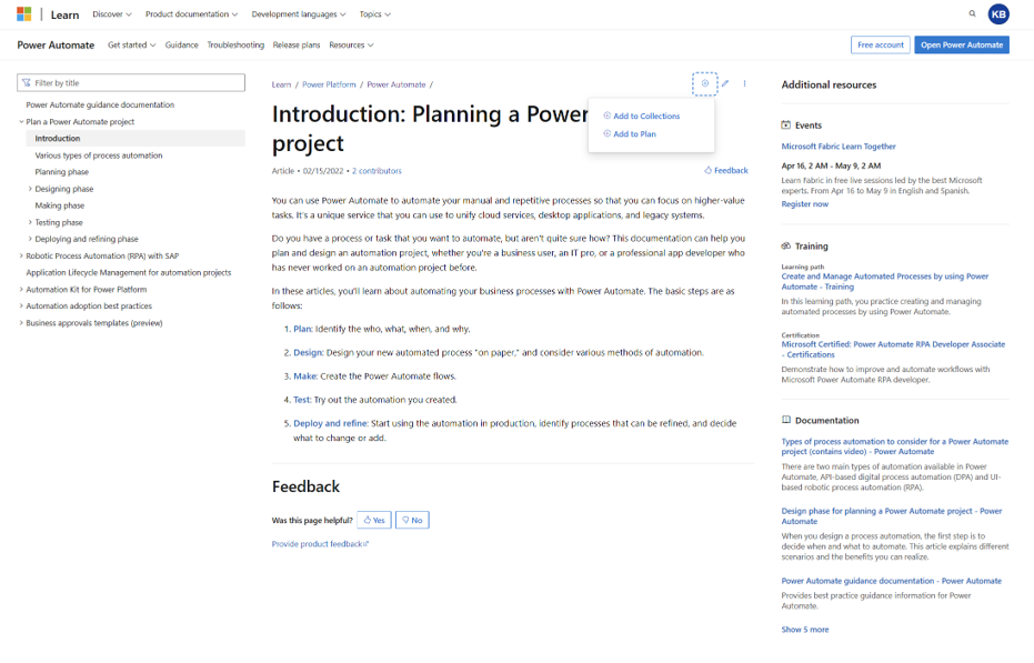 Skærmbillede af tilføjelse af indhold til en ikke-publiceret plan. Nye handlinger vises i hele indholdet på Learn-webstedet, der giver dig mulighed for at 'Føj til plan'.