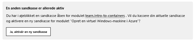 Meddelelse om, at en anden sandkasse er aktiv, med en knap til aktivering af en ny sandkasse.