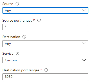 Skærmbillede, der viser, hvordan du konfigurerer kilde- og destinationsindstillinger for at oprette en sikkerhedsregel på Azure Portal.