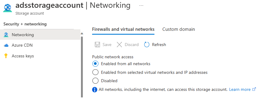 Skærmbillede af indstillingerne for Firewalls til lagerkonto og virtuelle netværk på Azure Portal.