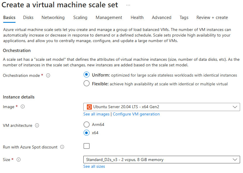 Skærmbillede, der viser, hvordan du opretter Virtual Machine Scale Sets på Azure Portal.