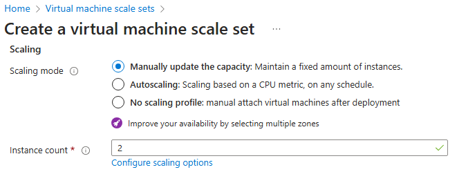 Skærmbillede af indstillingerne for valg af en skaleringsmetode på Azure Portal.