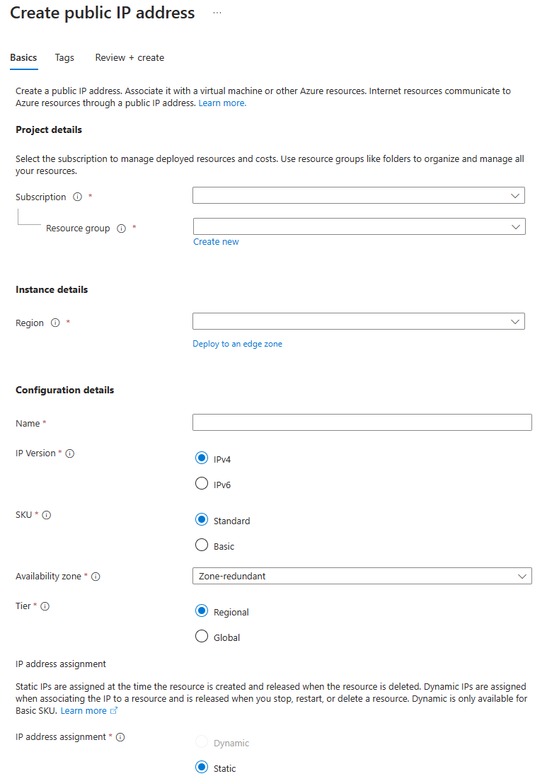 Skærmbillede, der viser, hvordan du opretter en offentlig IP-adresse på Azure Portal.